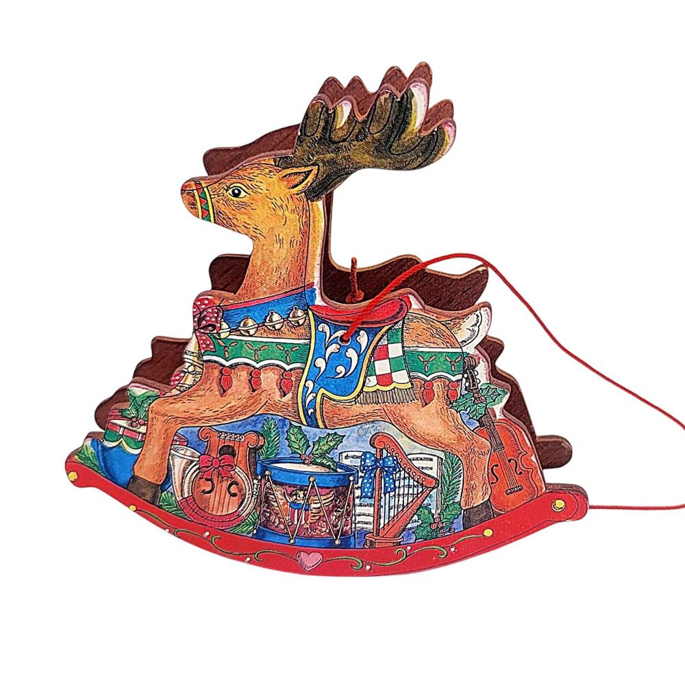 Vtg R.O.C. Thin Wood Beautiful Rocking Reindeer Horse Christmas Ornament CL37